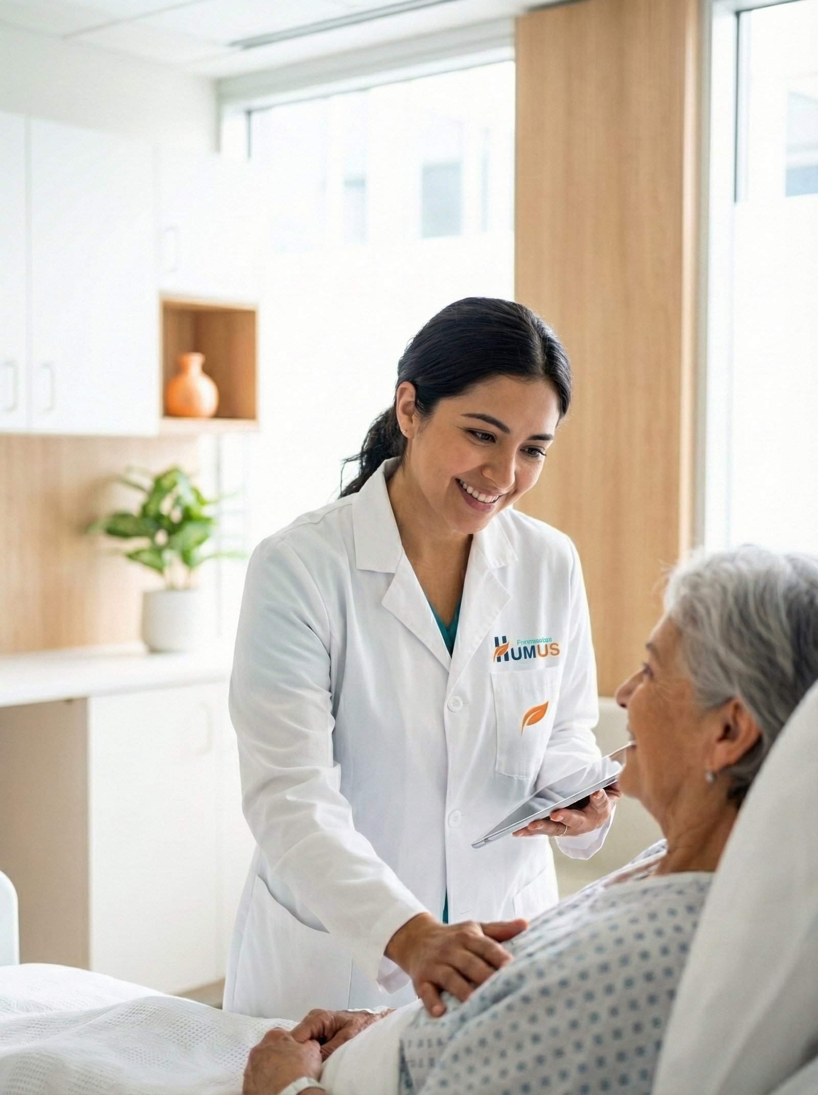 Doctora de Humus Connect brindando atención médica integral con calidez humana a un paciente en un consultorio en Guadalajara.